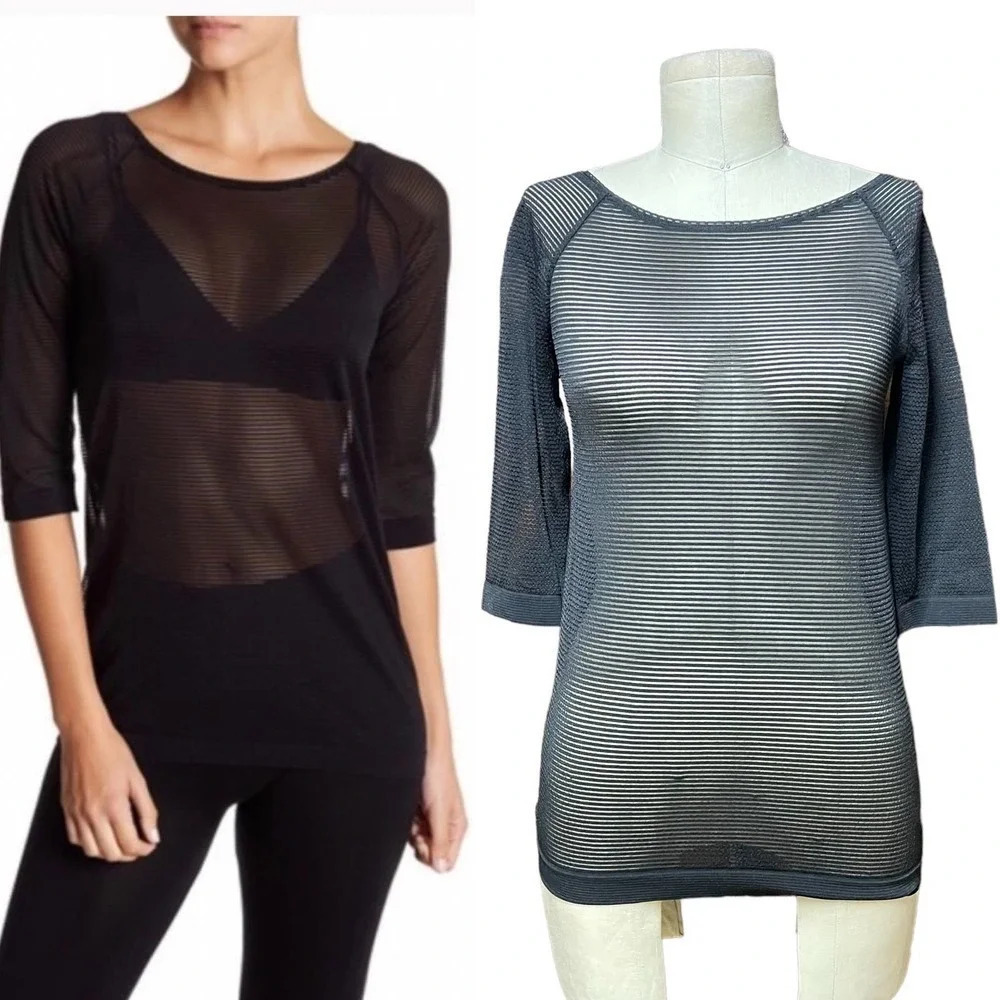 Wolford Louie 3/4 Length Sleeve Sheer Pullover Top Black Stripe Size XS
